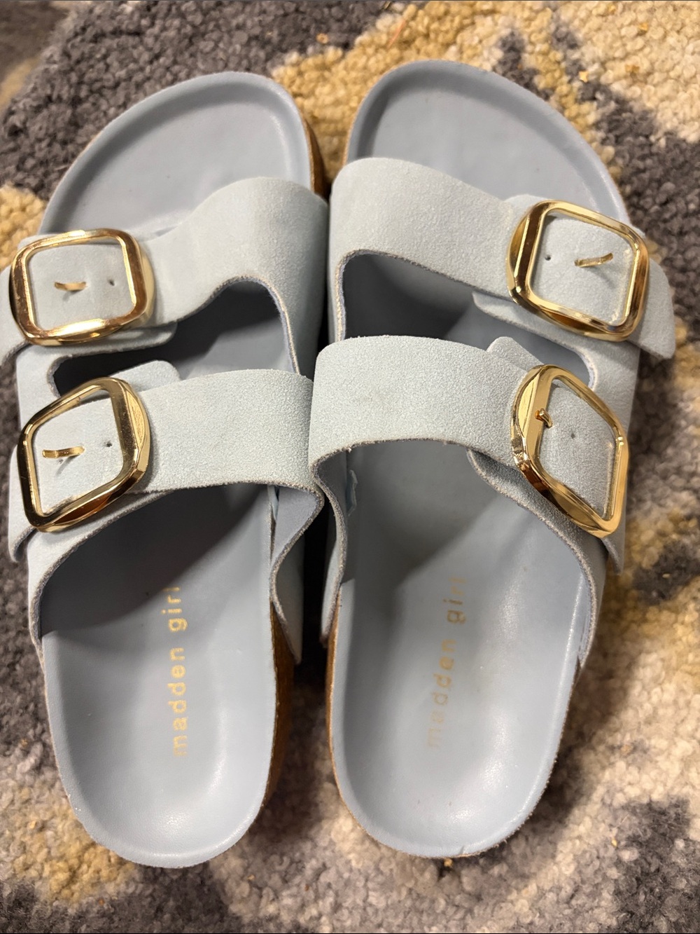 Madden Girl Light Gray Double Buckle Slide Sandals with Gold Buckles